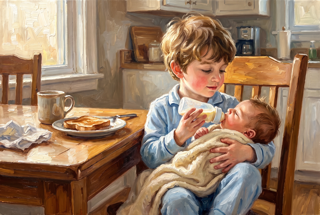 A boy at a sunlit kitchen table, feeding a bottle to a baby on his lap.